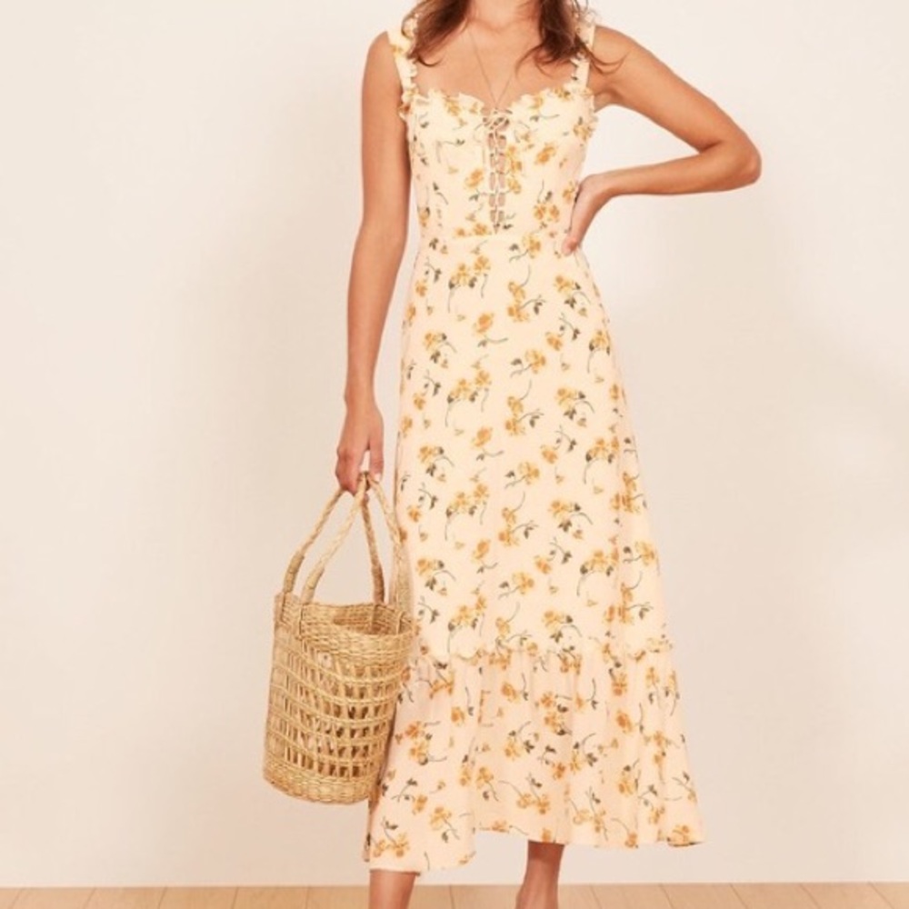 Reformation Naples Floral Maxi Corset Dress in Limonada Yellow Size 8